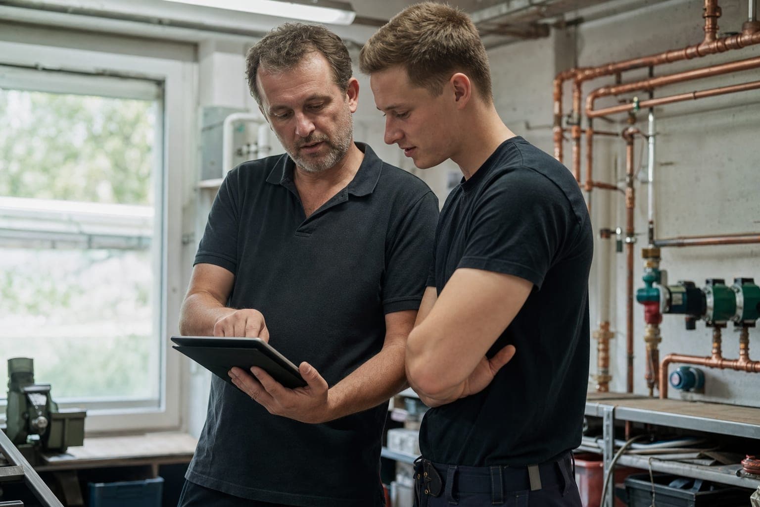 Betriebsinhaber und neue Fachkraft am Tablet in der Werkstatt